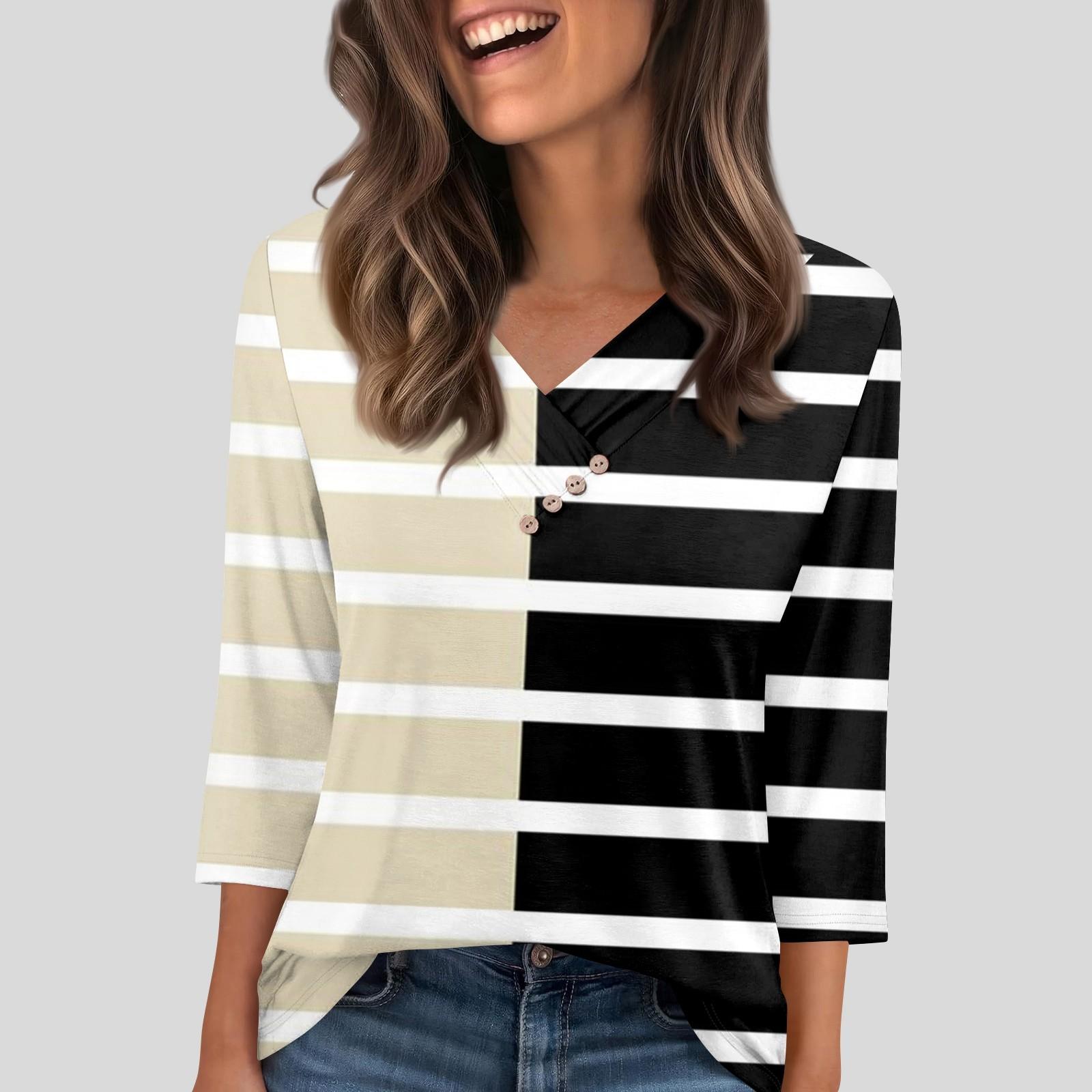 

Женская футболка, футболка, пуговица, рукав 3/4, туника, повседневная, для выходных, модная, базовая, с V-образным вырезом, обычный топ M бежевый