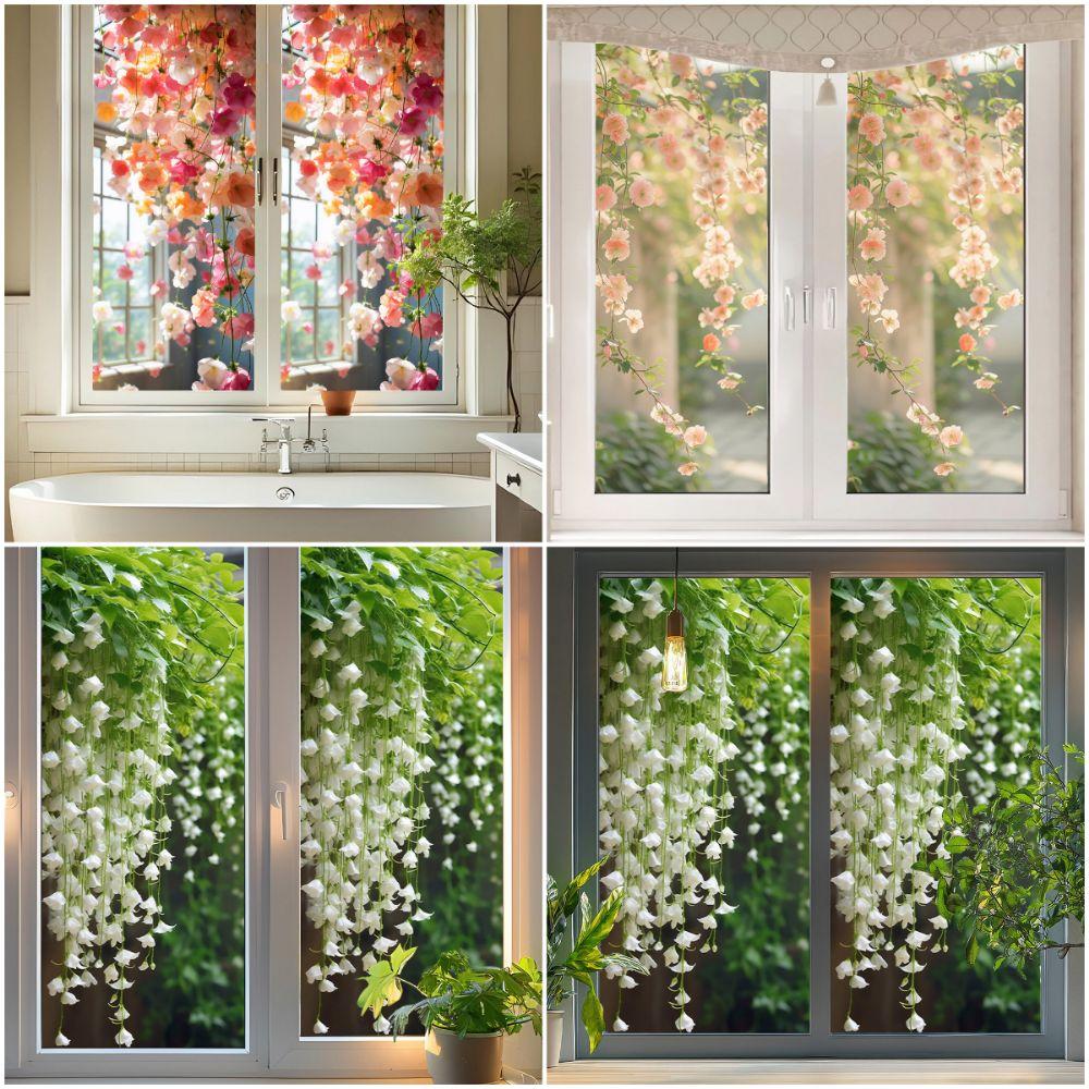 Kreativer Mehrfarbiger Fenster-Statischer Aufkleber Rose Lilie Grüne Blätter Glasaufkleber Lebhafte Blume PVC Elektrostatische Folie Zuhause