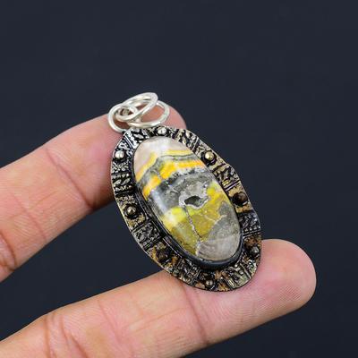 Natural Bumble Bee Jasper Gemstone Pendant 925 Sterling Silver Indian Jewelry