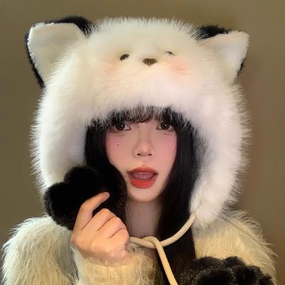 Chapeau en fourrure épaisse et chaude avec oreilles de chat pour femme, style Lei Feng, idéal pour les activités de plein air, protection contre le froid, en coton.