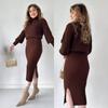 2025 A/W Solid Color High Neck Pullover & Slit Skirt Set