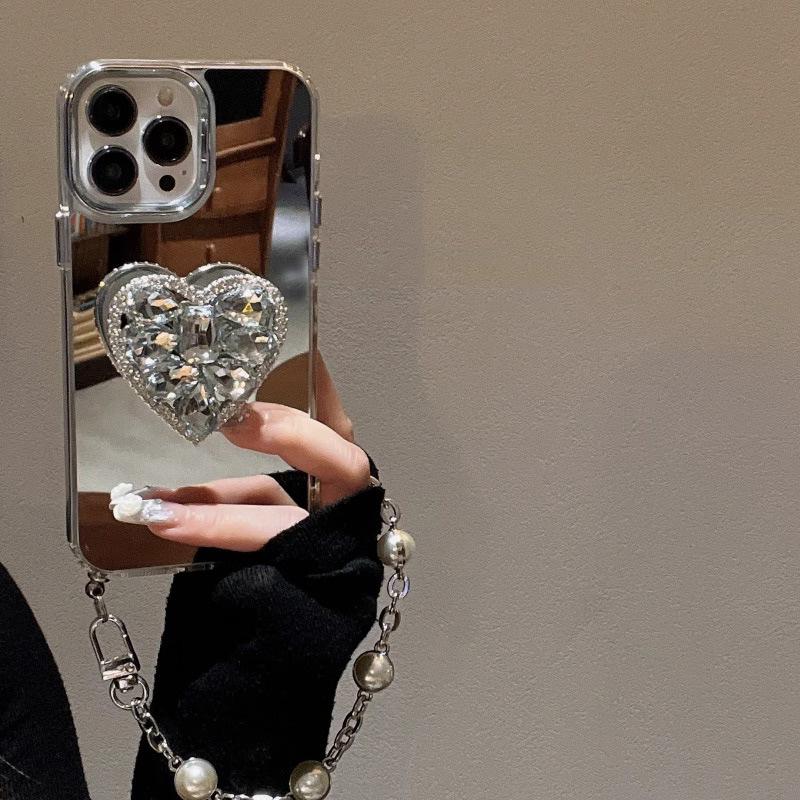 Applicable To Apple 15 Promax Mobile Phone Case New Mirror Iphone14PM Love Stand 13 Mirror Chain 12