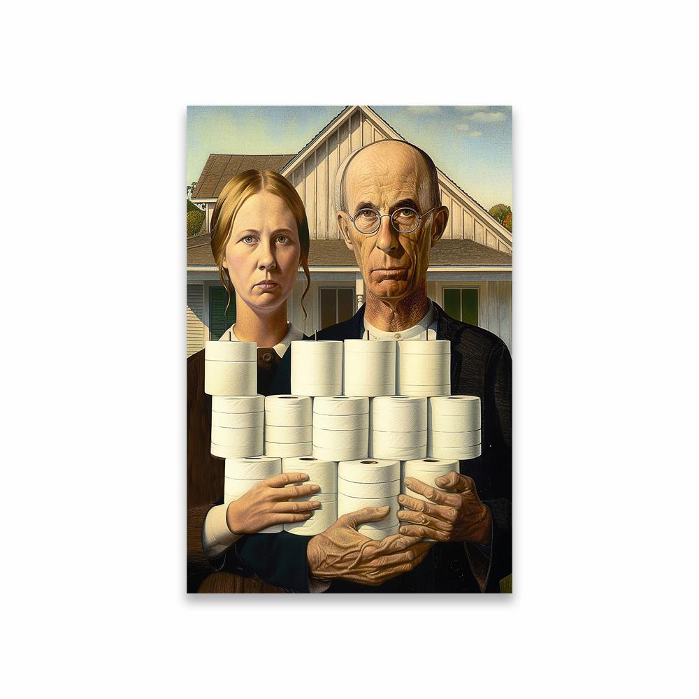 Funny Bathroom Altered Art Canvas Painting Toilet Humor Wall Art Poster Surreal American Gothic Bathroom Prints Vintage Decor