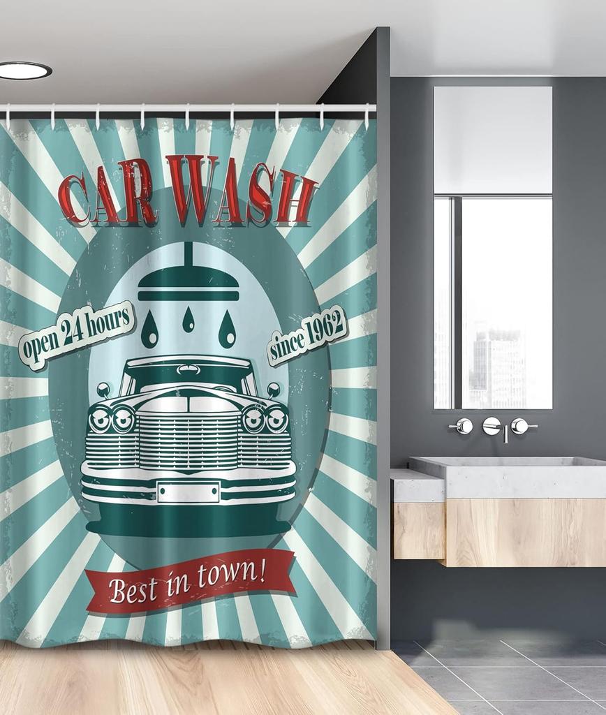 Vintage Car Shower Curtain,Nostalgic Car Garage Service And Repair Store Phrase Dated Faded Waterproof Fabric Bathroom Curtain