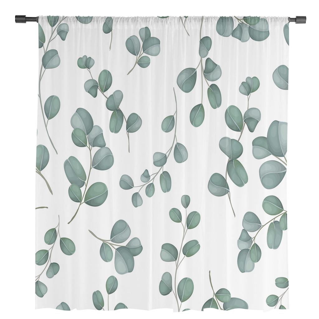Summer Eucalyptus Leaves Watercolor Sheer Window Curtains For Living Room Kitchen Children Bedroom Voile Hanging Curtain