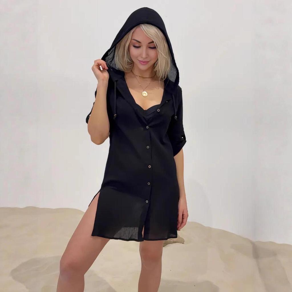 Women's Silk Bamboo Cotton Hooded Cardigan Beach Cover-Up