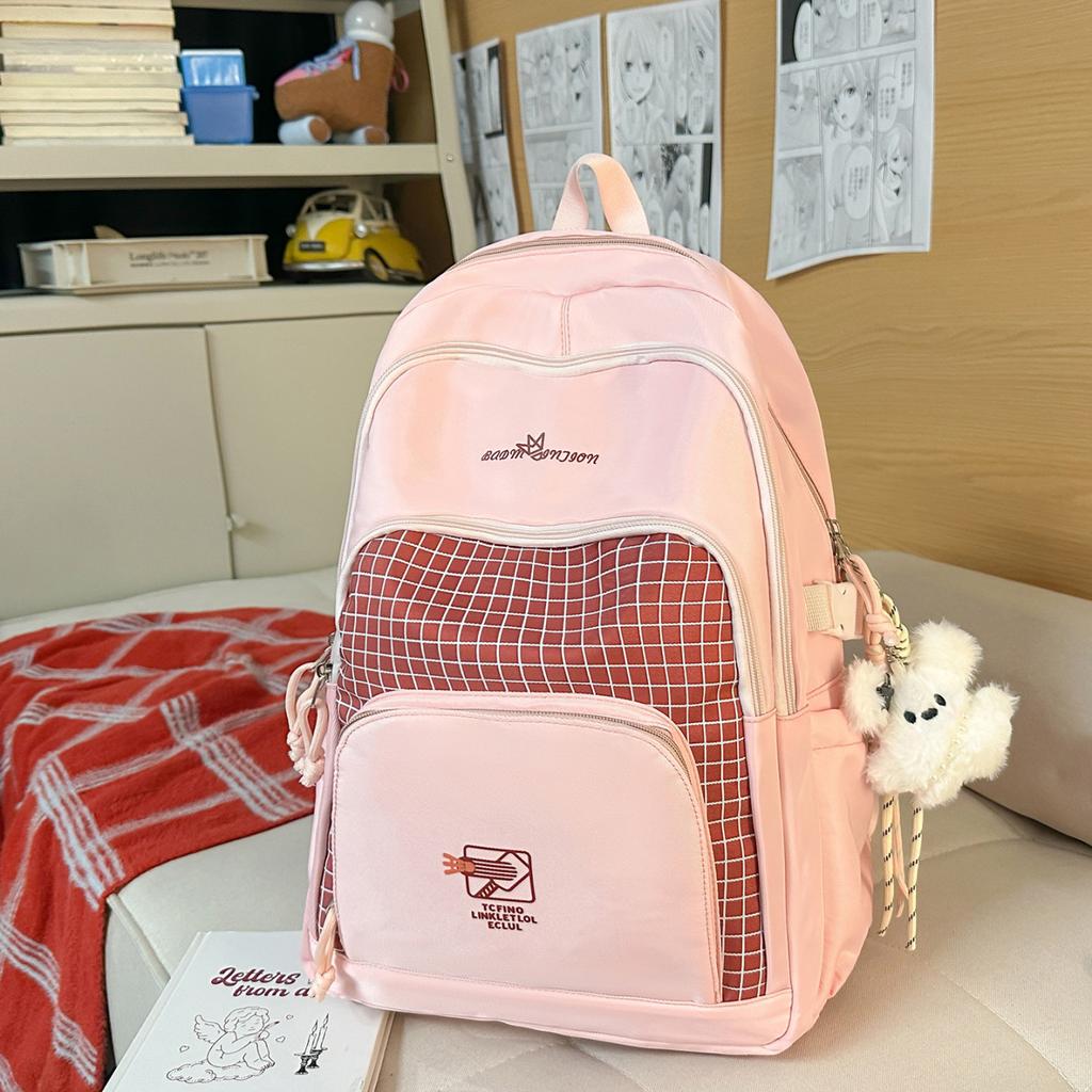 Schoolbagins Wind Contrast Color Plaid Backpack Middle School High School College Student Class School Bag High Value Lightweight Burden Reduction 