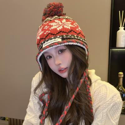 Vintage Jacquard Knitted Hat Women's Autumn and Winter Warm Ear Protection Prairie Travel Fair Island Style Student Wool Hat