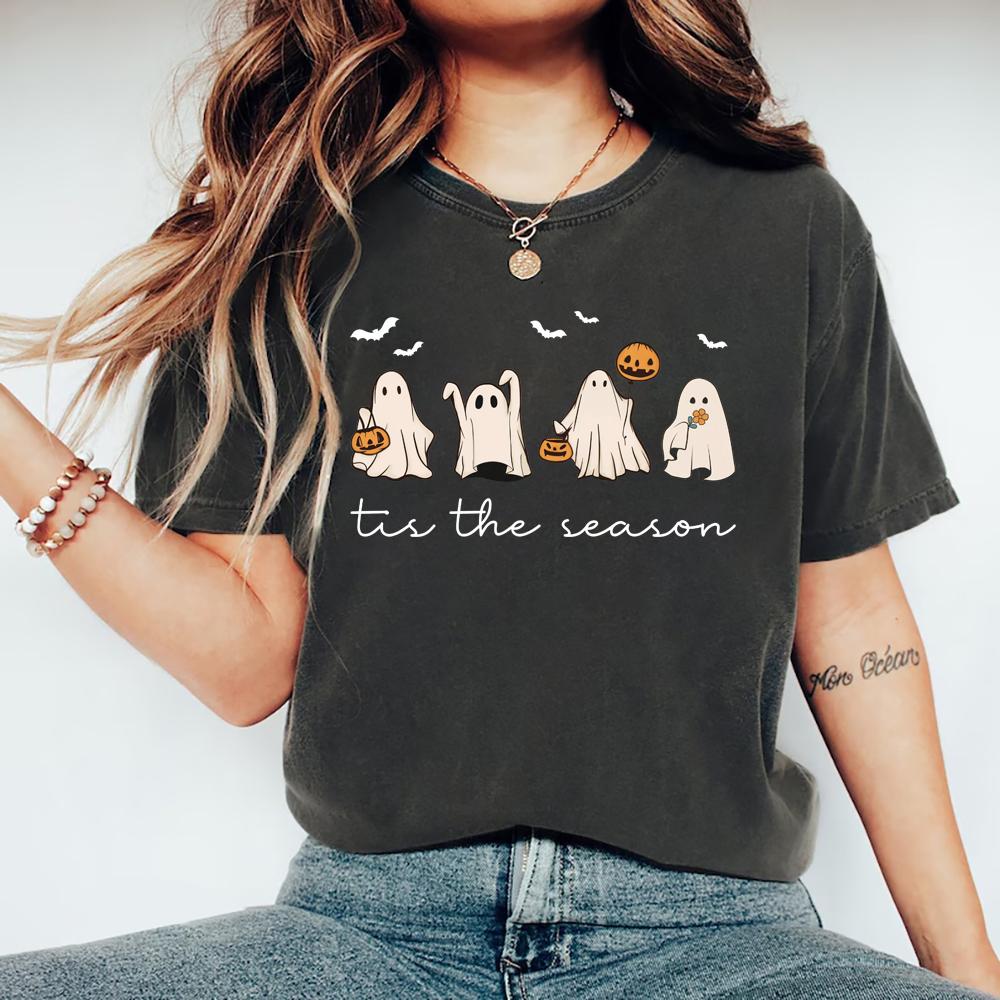 Tis The Season Halloween T Shirt Retro Ghost Tshirt Women's Halloween Tee Short Sleeve Casual T-shirts Pumpkin Season Shirt Top
