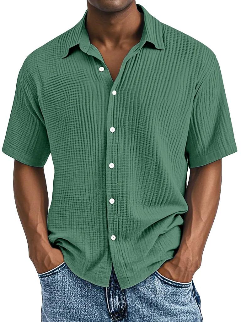 Men Light Blue Short Sleeve Button Down Shirt Casual Striped Linen Look Shirt
