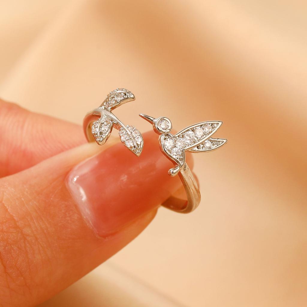 Hummingbird & Flower Open Ring Collection, Gold/Silver Tone Adjustable Gemstone Bird Rings for Women