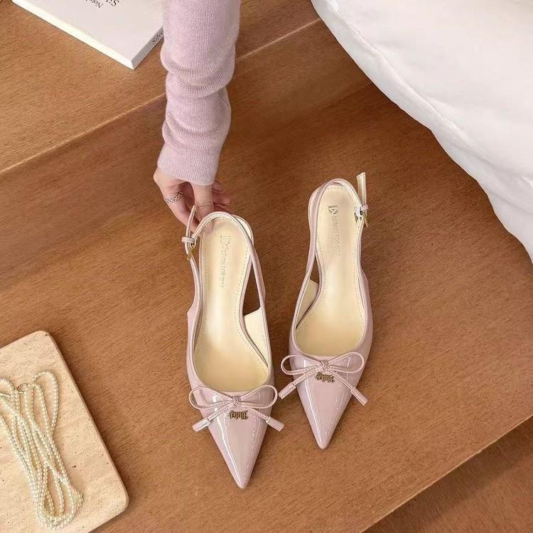Baotou Back Empty High Heels Women's Bow Sandals Patent Leather Single Shoes Women's New Metal Buckle Pointed Head