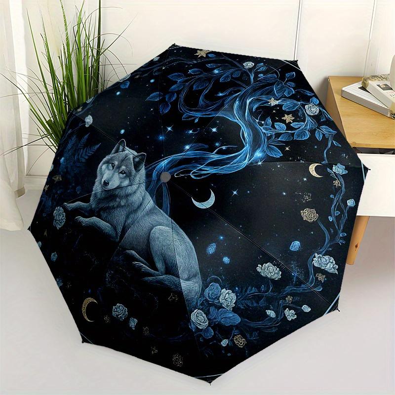 Enchanted Night Wolf Wall Art: Mystical Moonlit Forest DecorUmbrella, Portable 3-Fold Compact Umbrella for Men & Women Gift