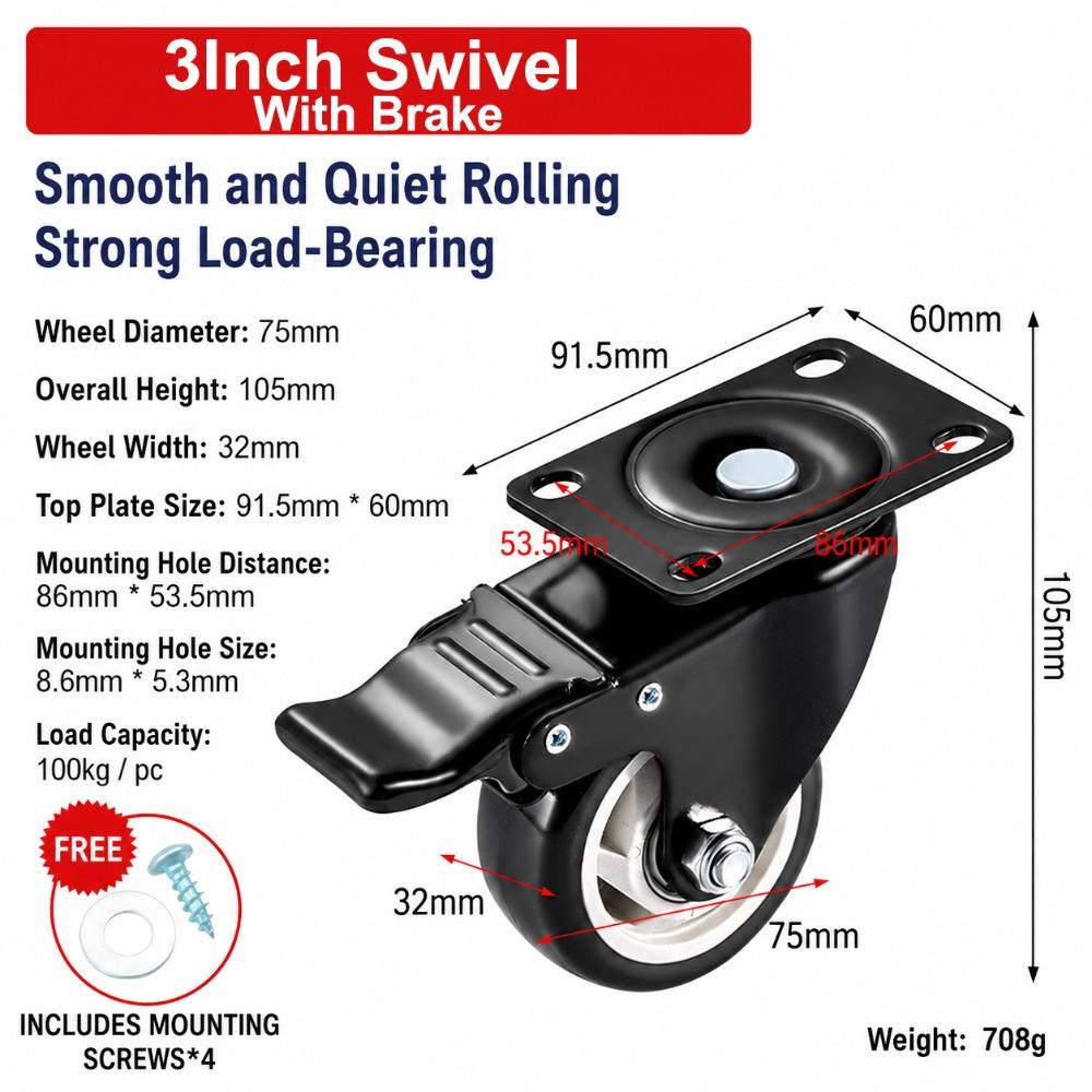Heavy Duty Caster Wheels With Brake Roller Wheels Durable Chair Wheels