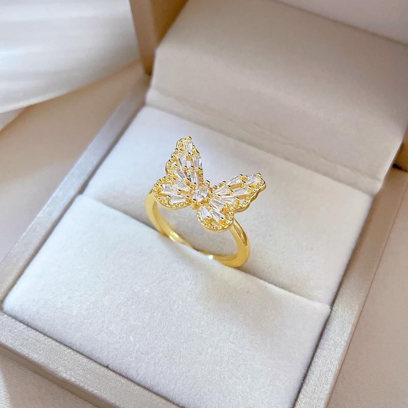 Real Gold Electroplating Opening Heavy Industry Butterfly Fashion Slightly Inlaid Light Luxury Ring Index Finger Ring Same Cold Wind