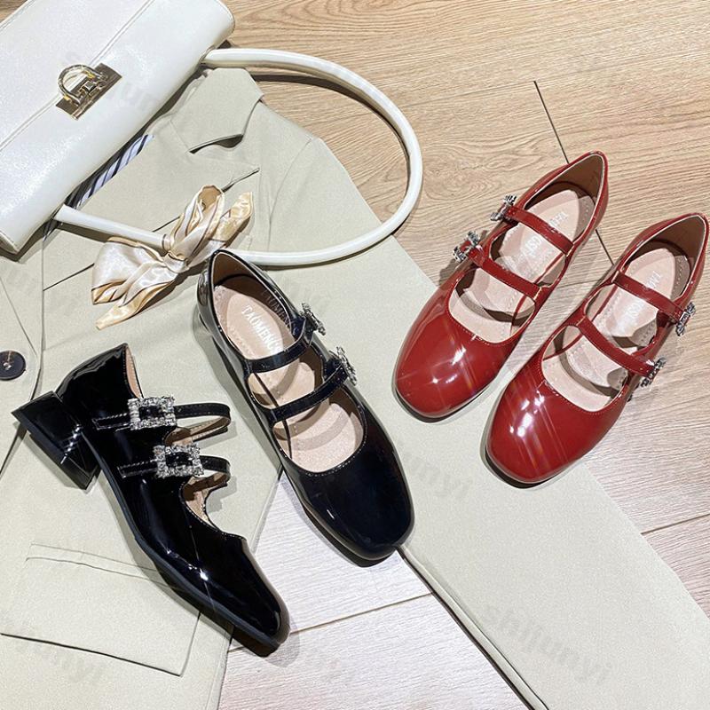 Mary Jane Shoes for Women Fashion Medium Heeled Women Spring New Chunky Heel Rhinestone Buckle Ballet Shoes Zapatos De Mujer
