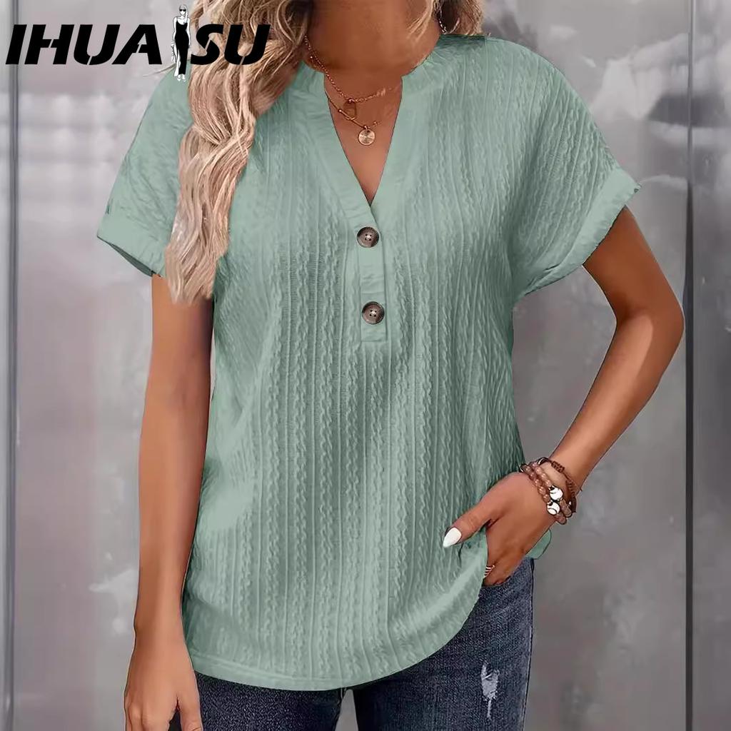 IHUASU Spring Summer Women's Fashion Casual Solid Color Button V-neck T-shirt Women