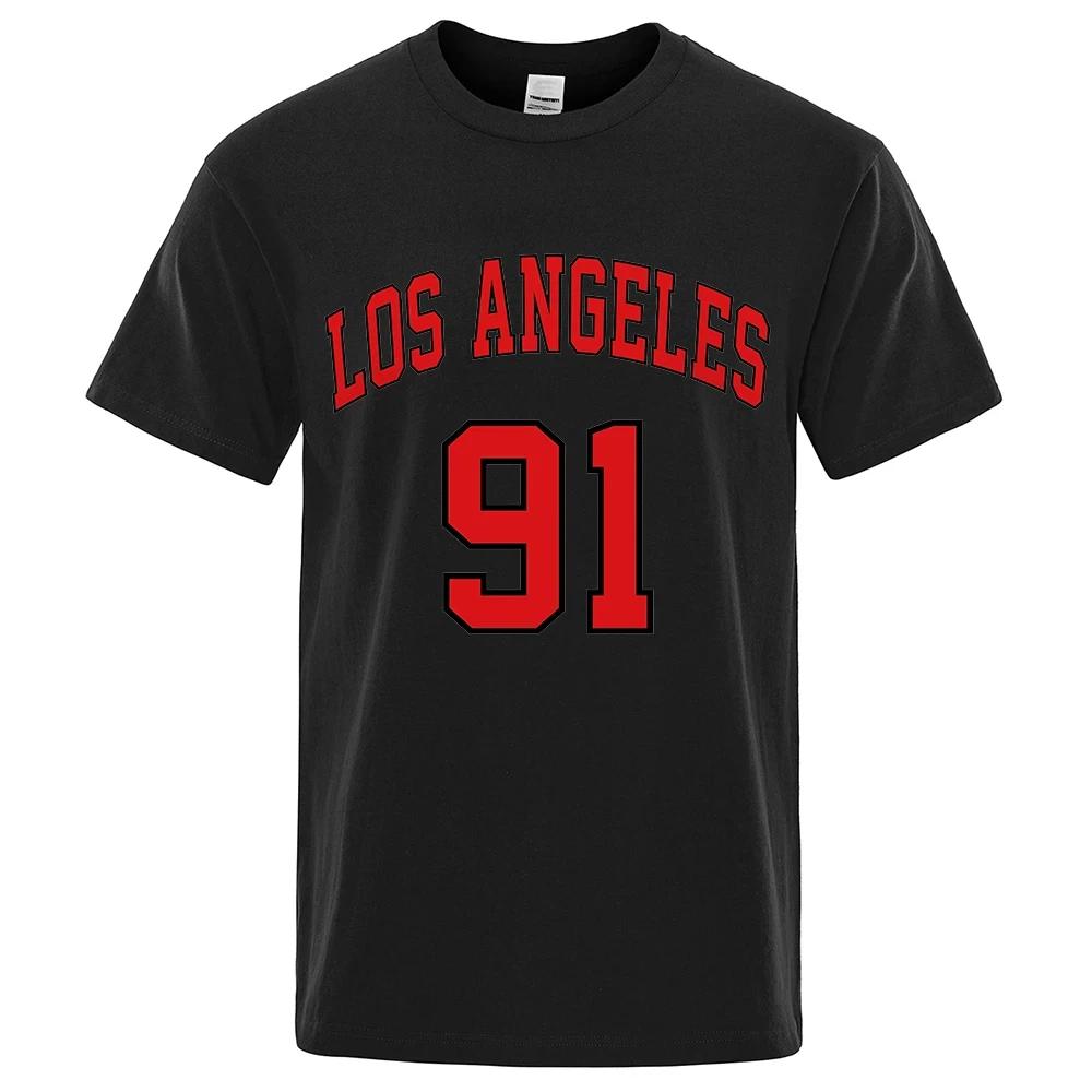 Los Angeles 91 Team Uniform Letter Printed USA City T-Shirts Men Summer Loose Short Sleeve Cotton Breathable T Shirt 80559
