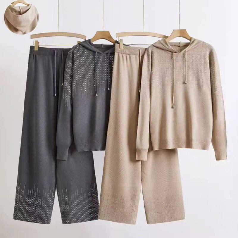 

Cross-Border Foreign Trade Hot Drilling Heavy Industry Temperament Knit two piece Turtleneck sweater Loose Leisure Set Long sleeve Women clothes Grey All yards