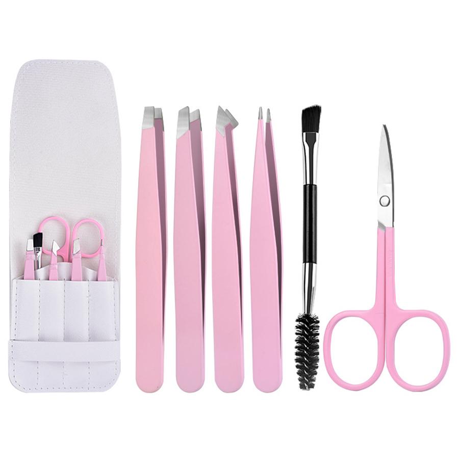Eyebrow Tweezer Set 6 Pcs Precision Tweezer for Eyebrows with Curved Scissors Plucking Daily Beauty Tools with Leather Case