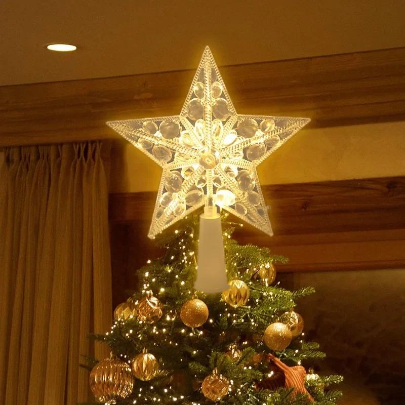 15cm Xmas Tree Topper Star Glowing Christmas Five-pointed Star Ornament with LED Light Colorful Shining Lamp Home Decor