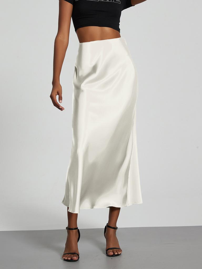 Women's Clothing Elegant Satin Midi Skirt Slim Fit High-Waisted Dress