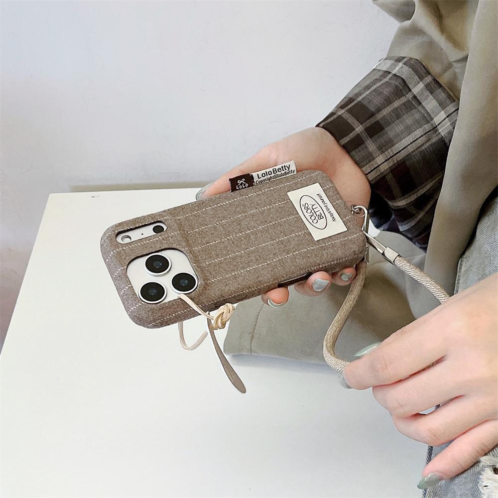 Korea ISN Simple Striped Plush Phone Case for iPhone 17 16 Pro 15 14 Pro Max 13 Cover with Lanyard Fashion Protection Funda Case