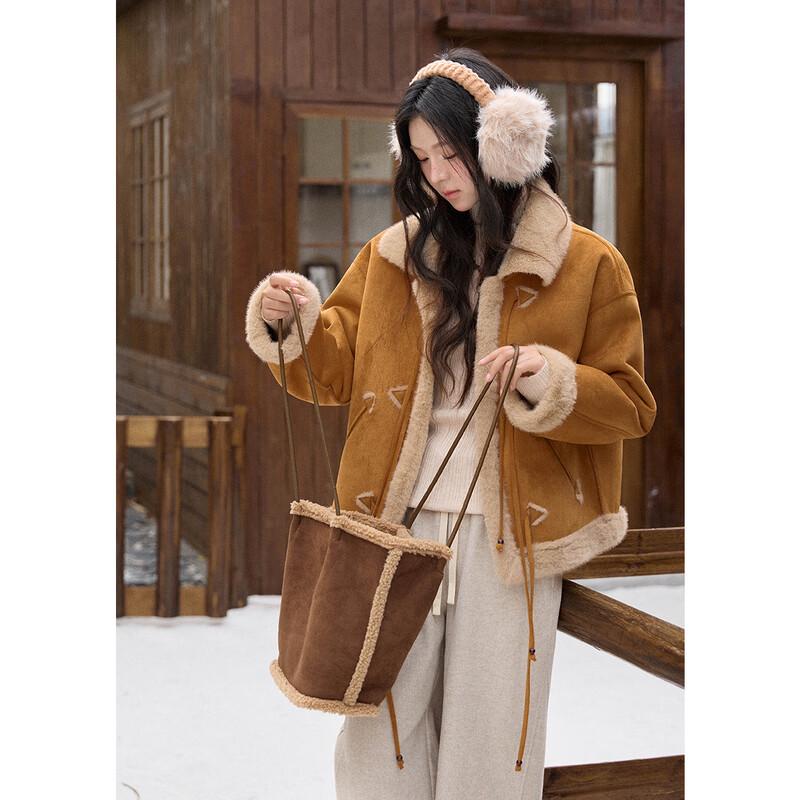 Mishu Women's Retro Suede Faux Mink Fur Coat