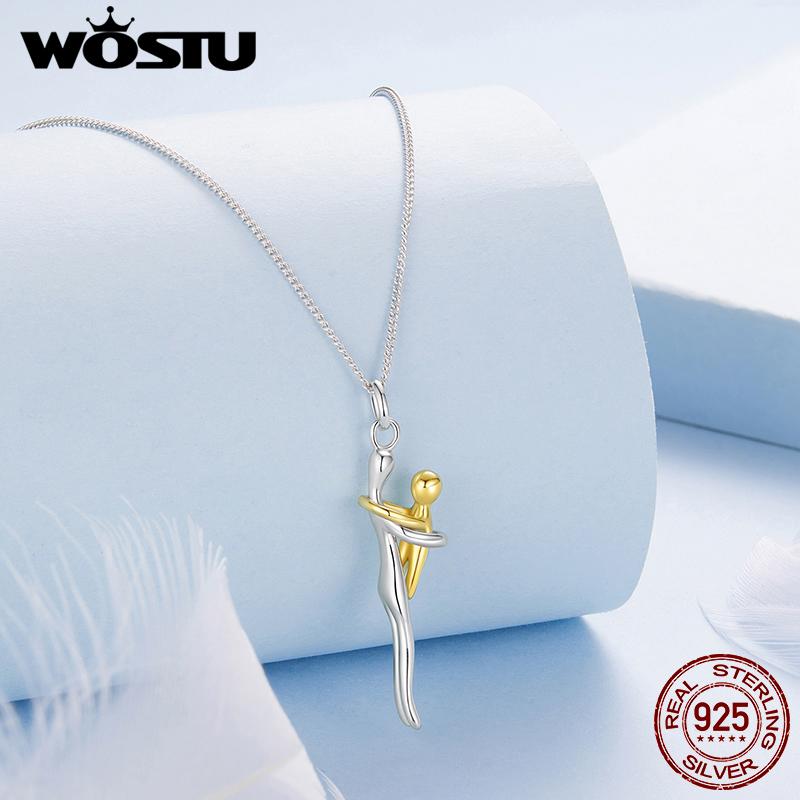 WOSTU Collana con Ciondolo Abbraccio Reale in Argento 925 Argento Oro Bicolore Ciondolo Mamma e Bambino Regalo di Famiglia Gioielli per Mamma