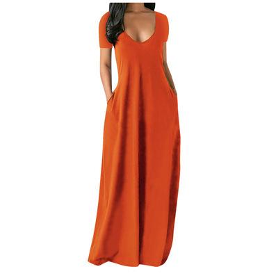 New summer models, large-size women's solid-color dress, sexy deep V short-sleeved long dress.