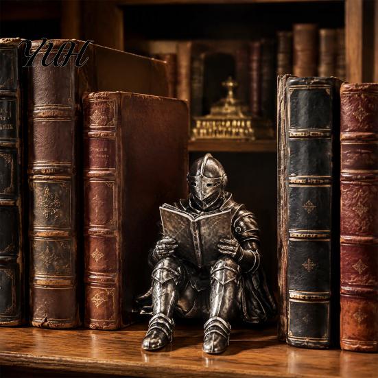 Creative Resin Statue Medieval Knight Book Nook Statue, 3D Printed Armored Reading Bookend Figurine, Retro Gothic Bookshelf Ornament for Study Office,