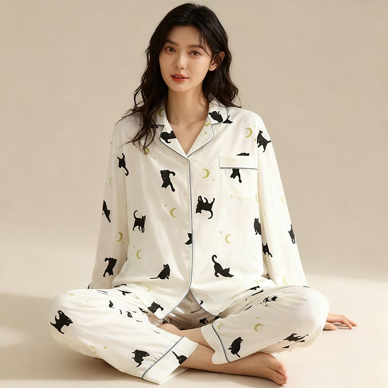 "Cute Dog Dachshund" ins cartoon spring and autumn striped pajamas women's cardigan long-sleeved loungewear autumn and winter suit