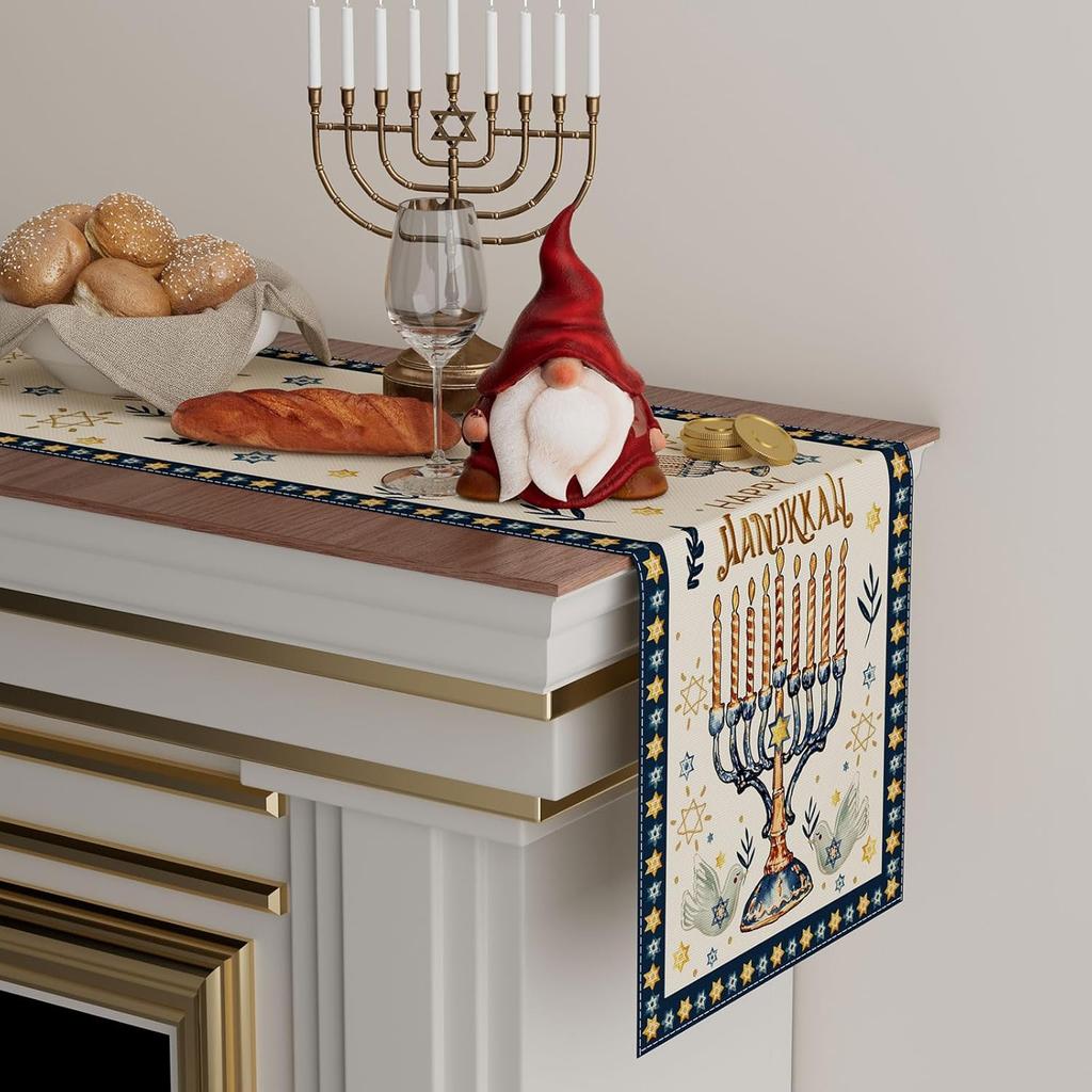 XCHI Happy Hanukkah Chanukah Menorah Six-Pointed Star Doves Table Runner Table Decoration for Party Home Kitchen Dining Holiday Decor 13x72 Inch