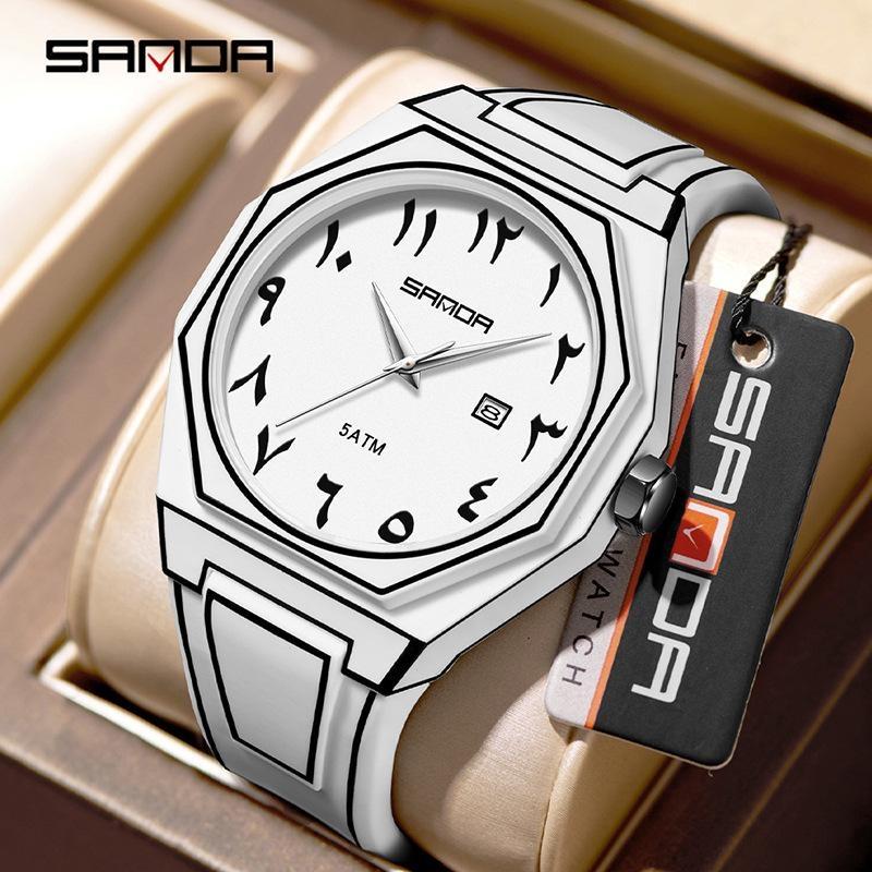 SANDA Fashionable Men's Quartz Watch Waterproof Silicone Strap Unique Scale Calendar Creative Lines Student Watches