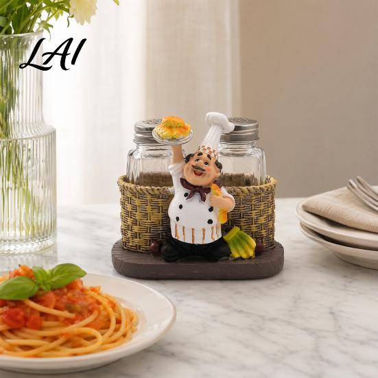 Pepper Shaker Salt And Shakers Set Decorative Resin Chef Statue Spice Bottles Organizer Glass Seasoning Holder for Kitchen Dining Centerpiece