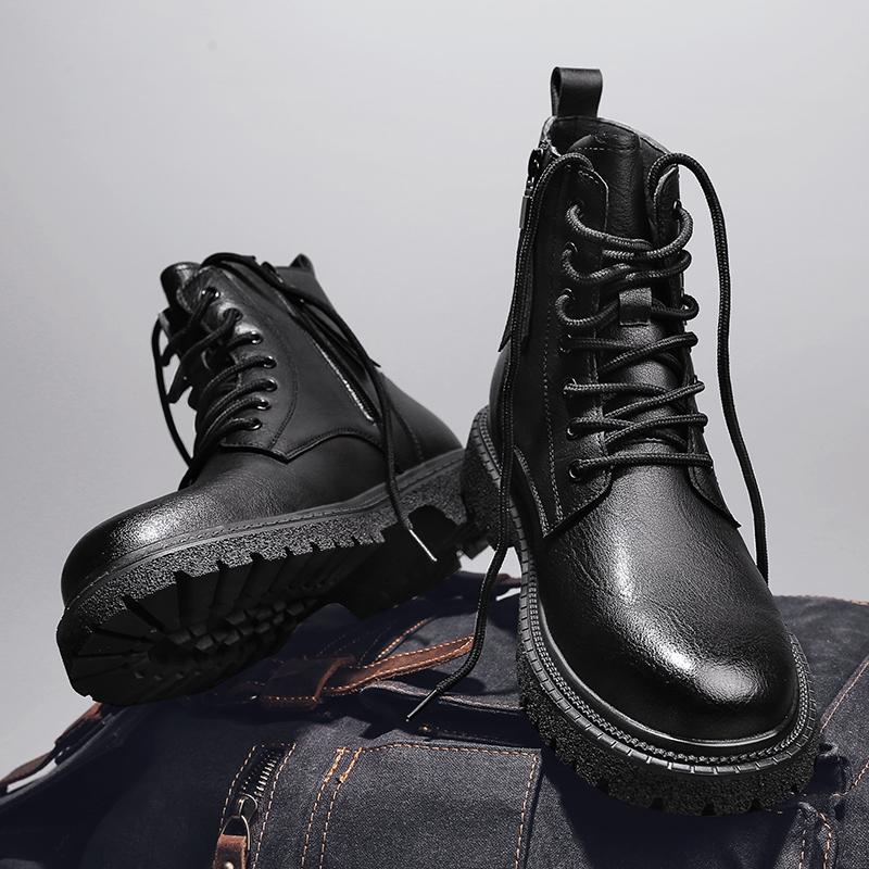 Fashion Mens Ankle Boots Winter Hiking Motorcycle Boots Casual Fashion Low-heeled Genuine Leather High Top Black Warm Cotton Shoes