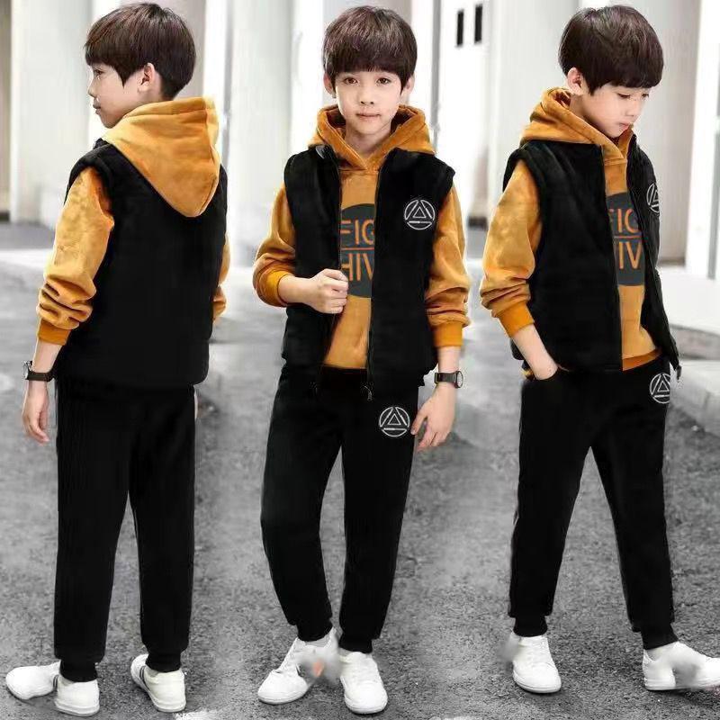 Fleece Verdickter Jungen Anzug Set Trendiges Herbst Winter Outfit Kinder