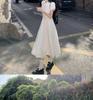 Women's White Puff Sleeve A-Line Dress - Slim Waist, Wide Hem, Chic First Love Style