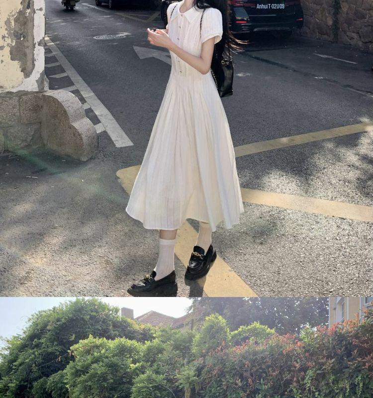 Women's White Puff Sleeve A-Line Dress - Slim Waist, Wide Hem, Chic First Love Style