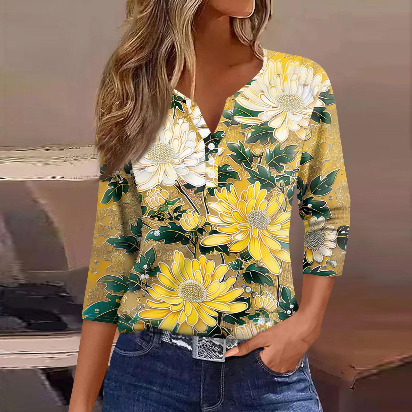 Жен. Футболка Футболка С принтом Пуговицы Рукав 3/4 Повседневные Выходные Мода — фото 3