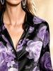 Luxury Purple Rose Print Satin Shirt - Women's Dark Floral Long Sleeve Blouse, Vintage Style Elegant Silk-Look Top