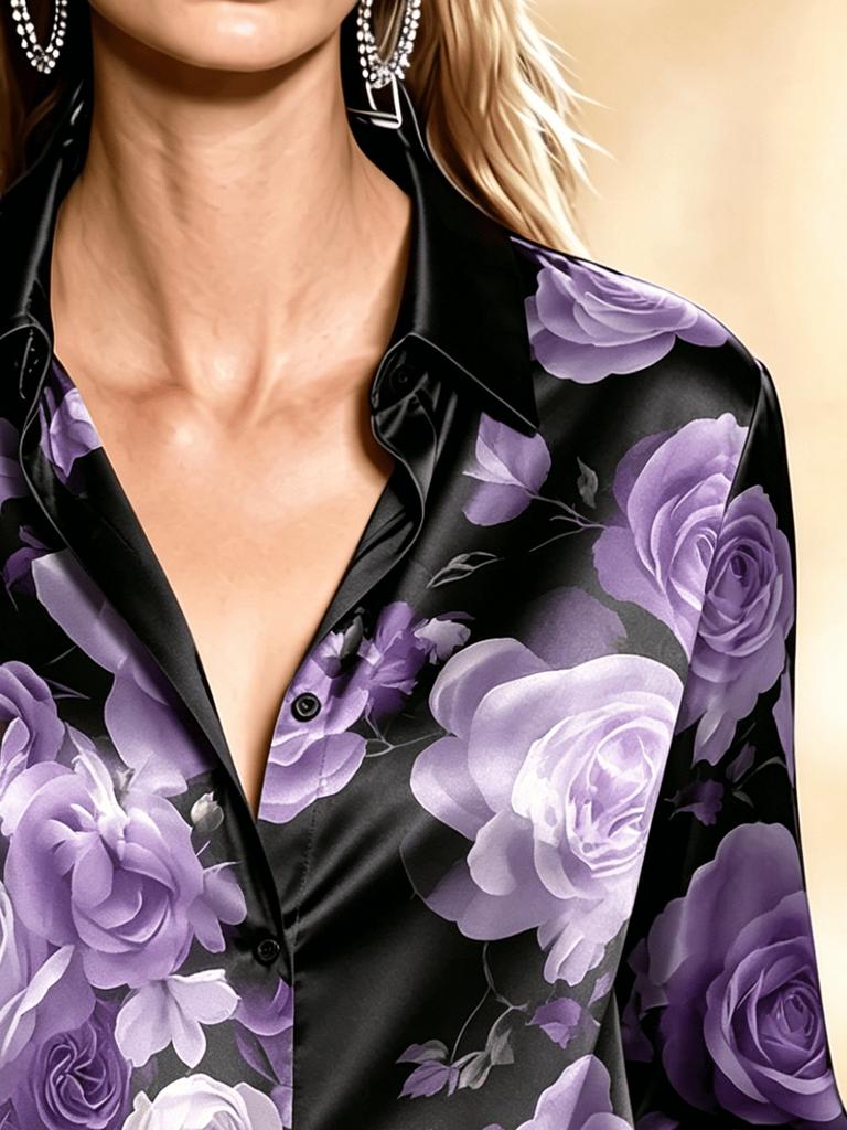 Luxury Purple Rose Print Satin Shirt - Women's Dark Floral Long Sleeve Blouse, Vintage Style Elegant Silk-Look Top