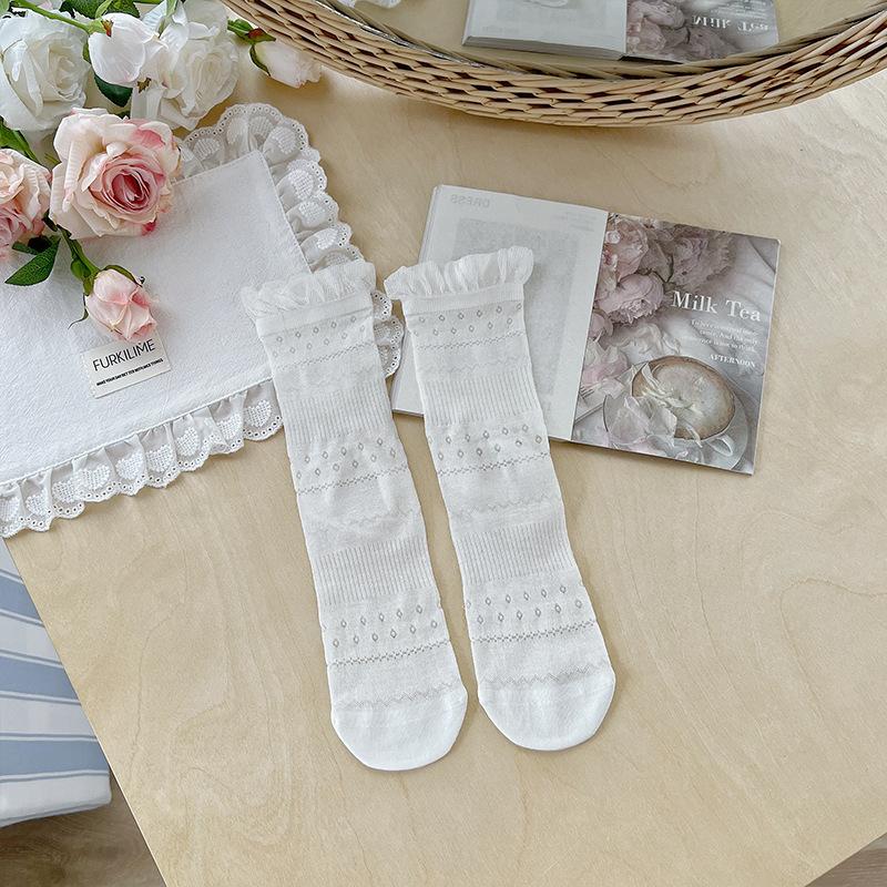 Female Summer Thin Model Hollow Bow Sweet Lace Boneless In The Tube Stack Socks