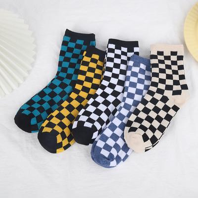 5Pairs Simple and Colorful Checkerboard Socks Medium Socks Fashion Checkered Warm Socks