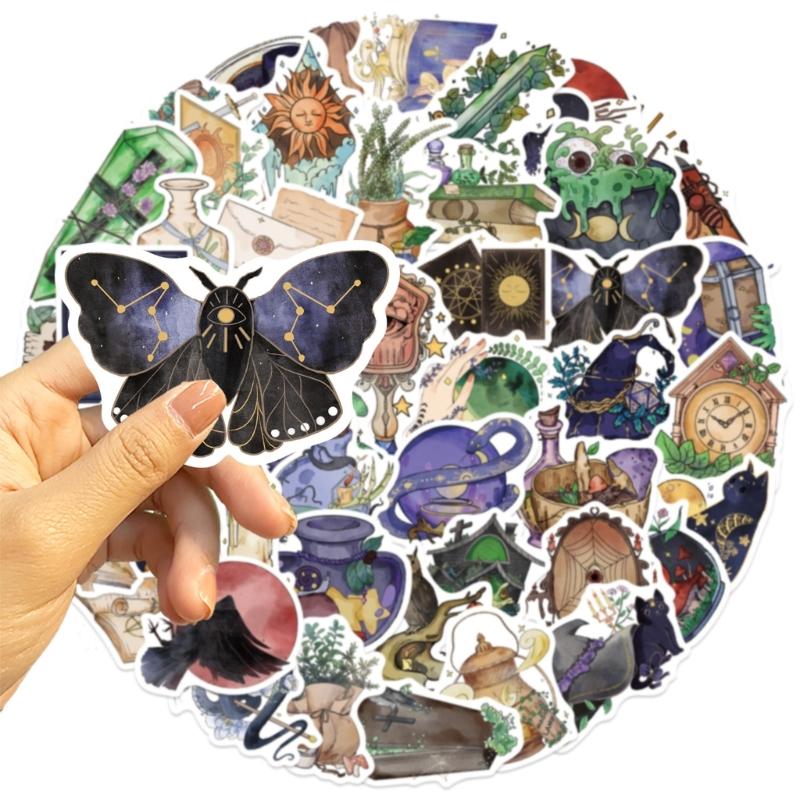 50 Unique Waterproof Witch Theme Stickers Watercolor Gothic Art Decals For Journaling Laptop Guitar Luggage Customization