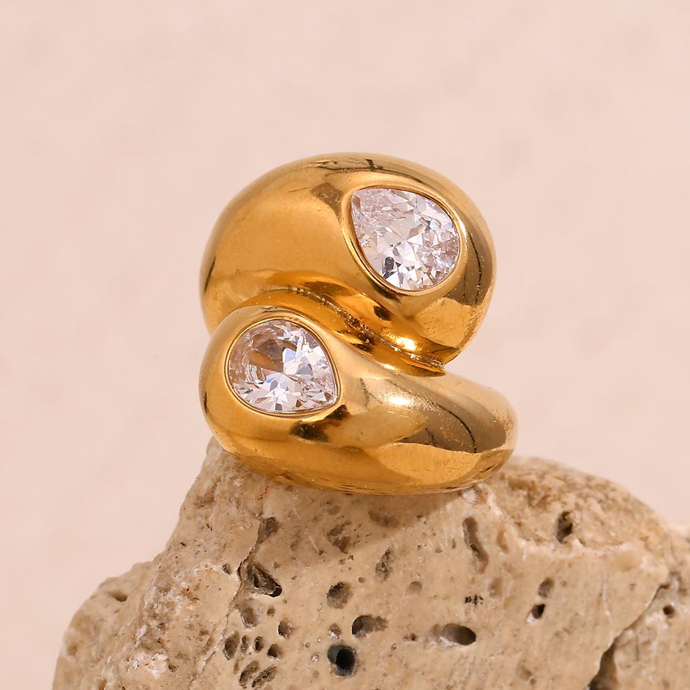 MamacitaSlay Unique Stainless Steel Zircon Ring Suitable For Women's Exaggerated Waterproof Jewelry 18K Gold Plated Ring Gift