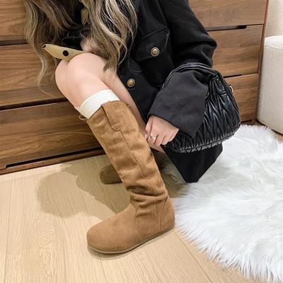 Modeschuhe Damen 2024 Heißer Verkauf Kniehohe Damenstiefel Prägnante Moderne Stiefel Damen Plissiert Runde Zehenpartie Flach mit Slipper Damenschuhe