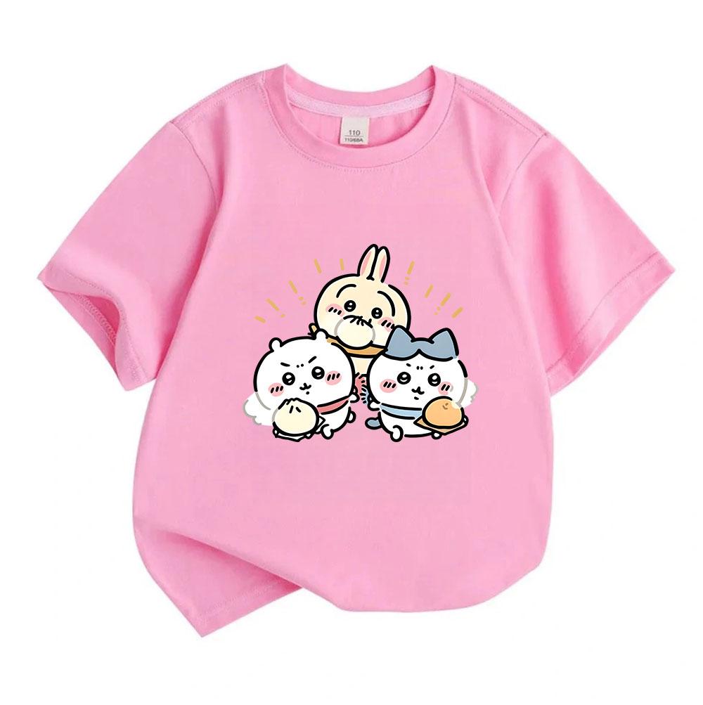 Kids Boys Girls 100% Cotton Crew Neck Short Sleeve T-Shirt, Cute Chibi Cartoon Three Friends Print Casual Soft Breathable Tee for Daily Play Wear, Lov