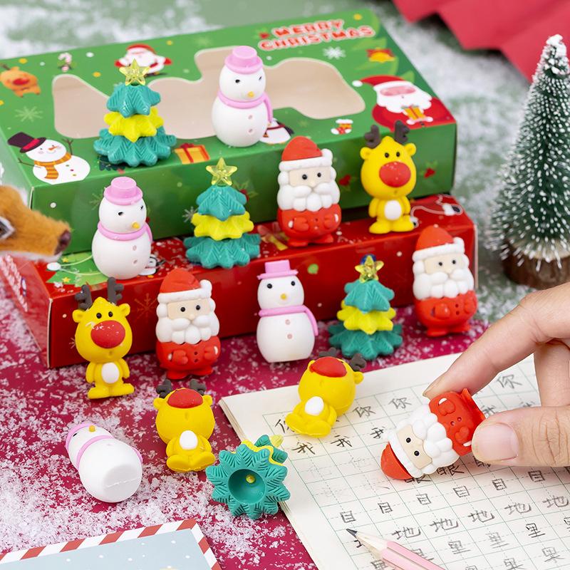 4 Stück/Set Niedliche Weihnachts-Bleistift-Radiergummi Cartoon Weihnachtsbaum Weihnachtsmann Elch Schneemänner Gummi-Radiergummis Kawaii Schreibwaren Kinder Schule Supp