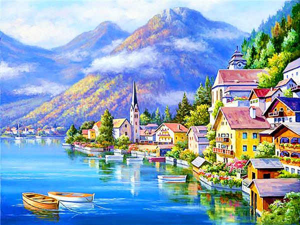 5d Diy Diamond Painting Seaside House Town Full Square/round Embroidery Mosaic Mountain Landscape Home Decor